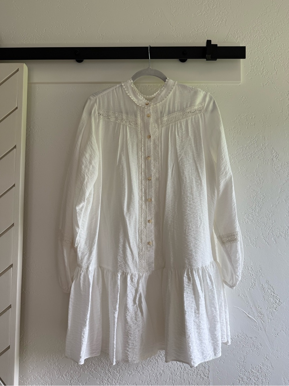 Zara White Mini Button Down Dress with Lace Trim Size Large